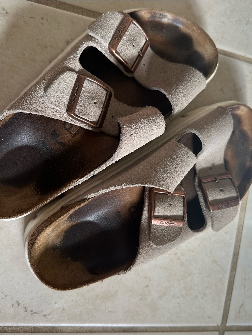 Papillio Women's Suede Double-Buckle Sandals in Taupe Suede